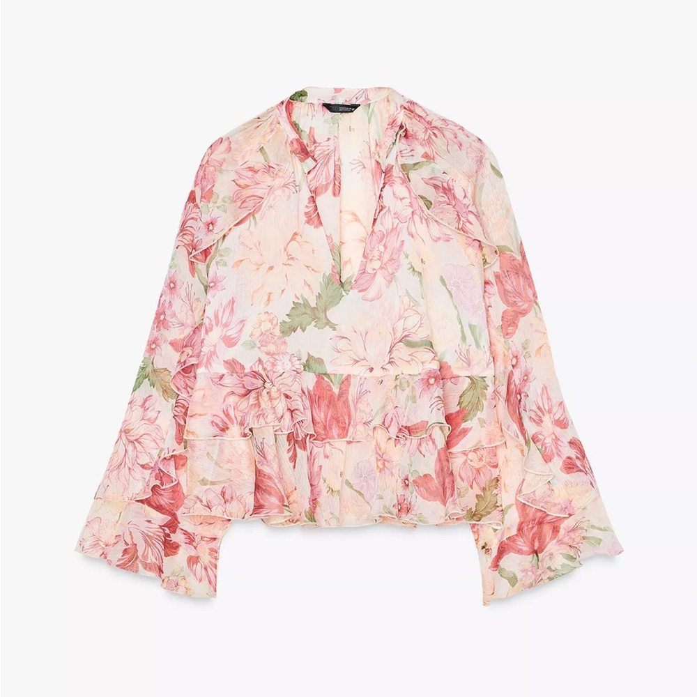 Zara Floral Print Shirt Blouse with Ruffle Trims Pink Size XS NEW